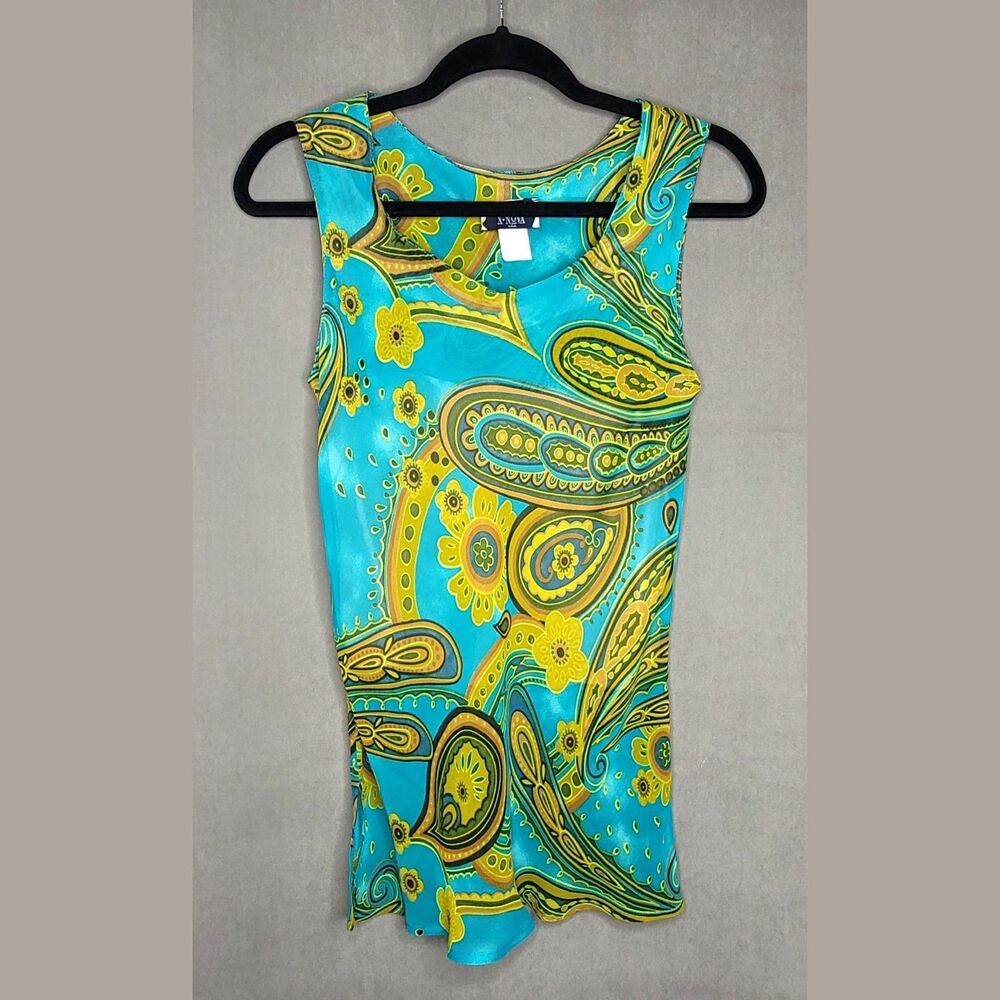 X-Nova Blue Paisley Sleeveless Blouse M Retro Boho Psychedelic Top